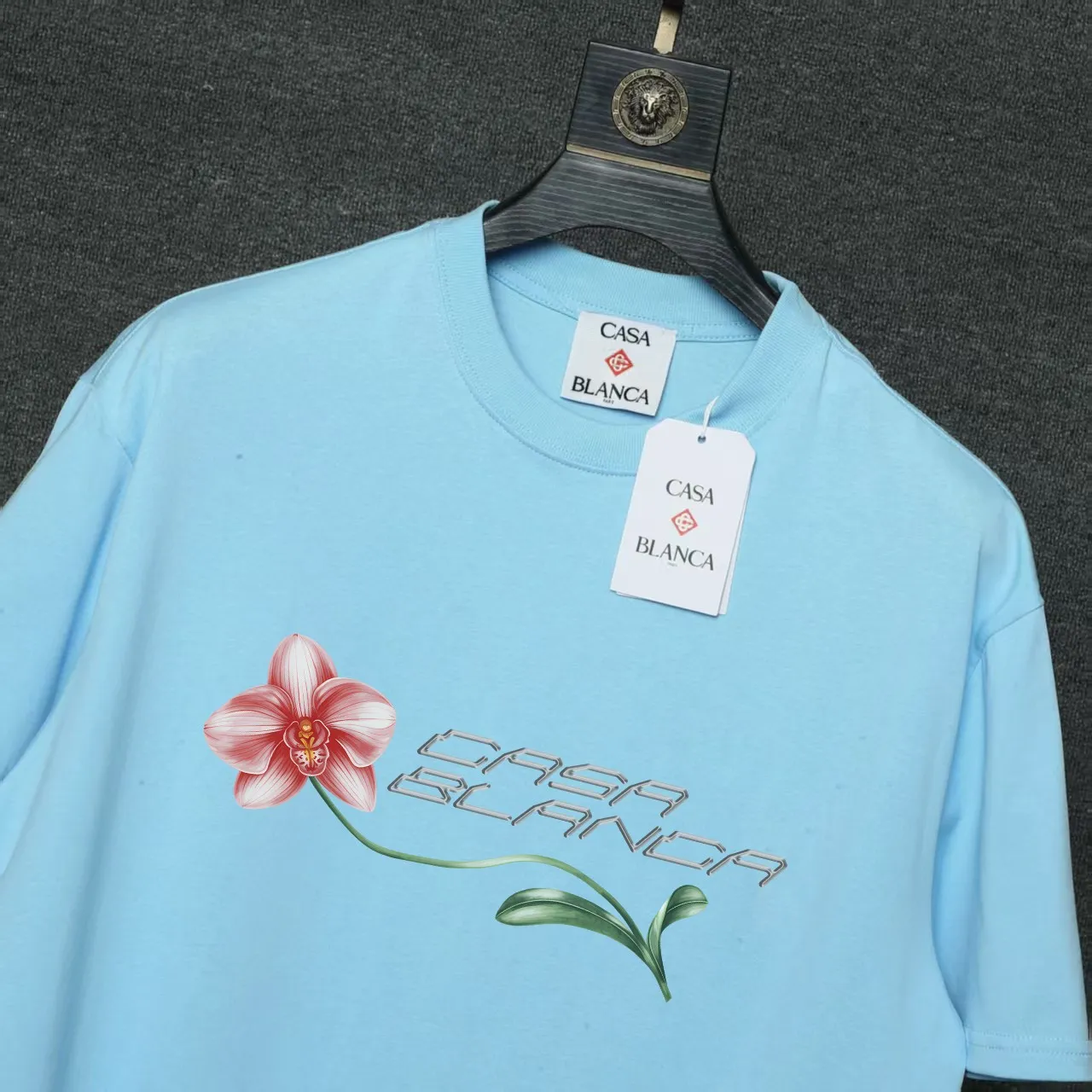 26ss CASABLANCA original printing process short-sleeved T-shirt original development using high-density double yarn pure cotton fabric upper body soft and comfortable color Black White Dark Green color Orange Pink Blue Royal Blue color cigarette powder 8 colors Sizes S M L XL